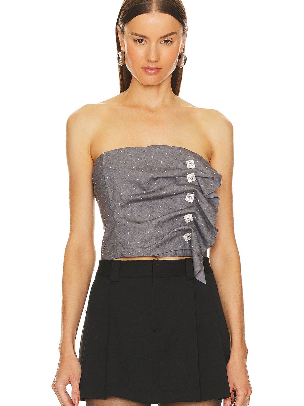 Set Strapless Gray Crystal Ruched Crop Top with embellished buttons + pants